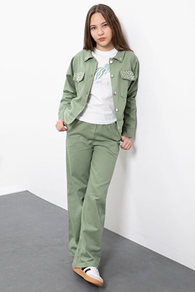 Cansın Mini Green Pearl Detailed Jean Jacket Girls' 3-Piece Pants Set 23482