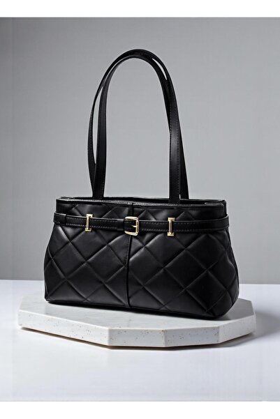 DEMESİ حقيبة كتف فاخرة مبطنة باللون الأسود مع حزام جلدي للنساء