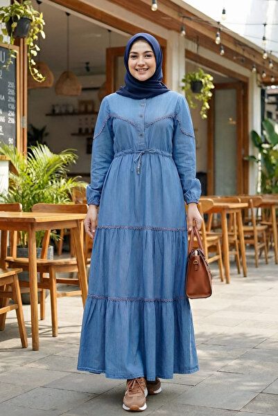 Hb Harma Time Butik Women's Lace Detailed Buttoned and Lace-Up Open Denim Blue Long Dress