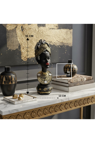 İki Yedi Konsept Ribera 775 Afrikalı Kadın Büst Biblo 31 cm Siyah Altın Detay...