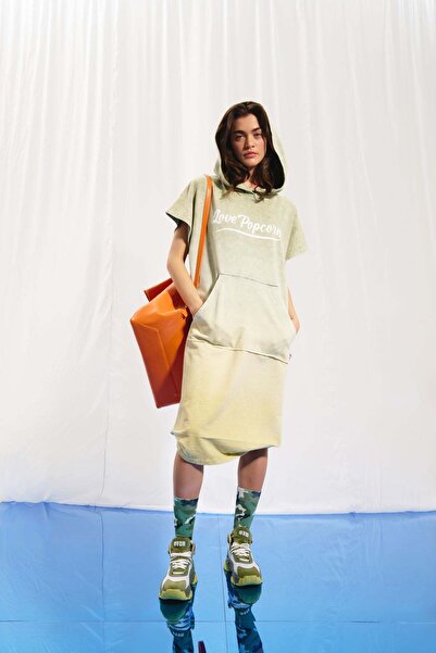 VDR Zeytin Yesili Fistik Yesili Kapüsonlu Sweatshirt Elbise 17051