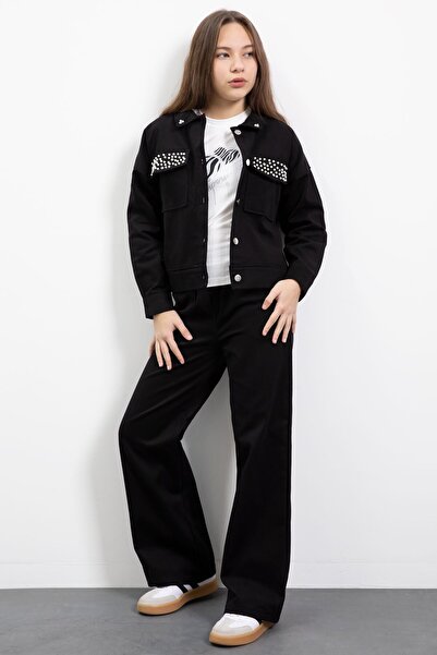 Cansın Mini Black Pearl Detailed Jean Jacket Girls' 3-Piece Pants Set 23480