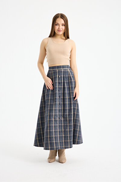 LE CARAMBOLE Women's Blue Pocketed Button Detailed Long Plaid Skirt