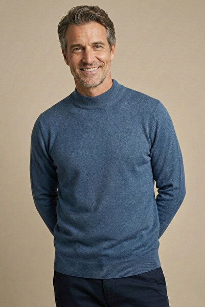 nacar çarşı Men's Dad Indigo Blue Solid Color Half Turtleneck Knitwear Sweater