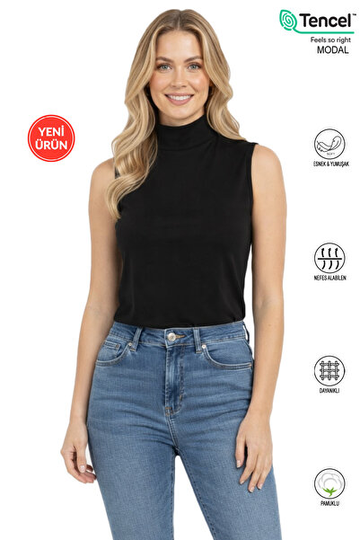 ÖZKAN underwear Özkan 27813 Women's Premium Fabric Cotton Modal Turtleneck Zero Sleeve Body T-Shirt Blouse