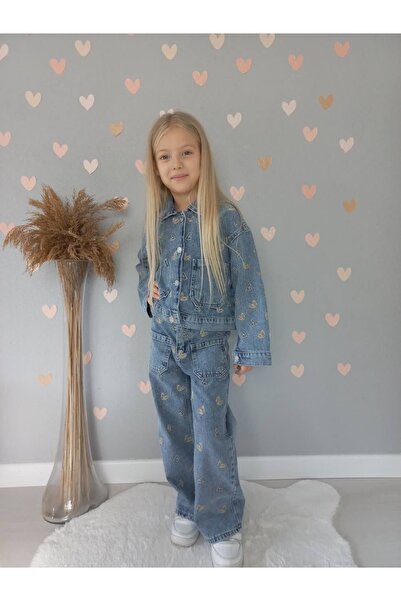 tunays shopping Set de pantaloni și jachetă din denim negru cu model de inimă pentru fetiță, 5-12 ani