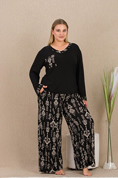 REN Γυναικείο Σετ Πυτζάμες Μαύρο Plus Size, Μακρυμάνικο, Φαρδύ πόδι, Ύφασμα βισκόζης