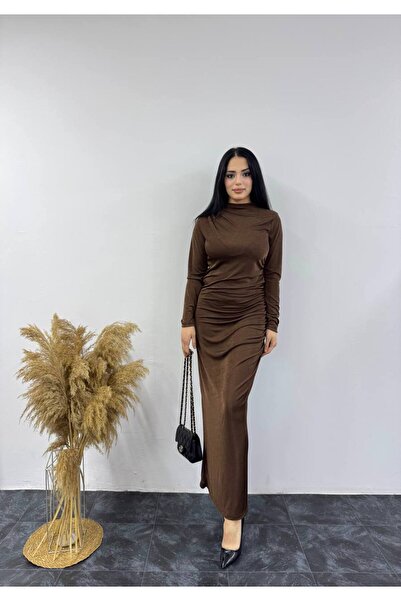 SHEZAN MODA Women's Brown Long Sleeve Drape Detail Buzzy Fabric Maxi Dress Bb...