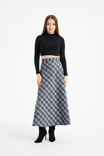 LE CARAMBOLE Women's Gray Long Plaid Skirt