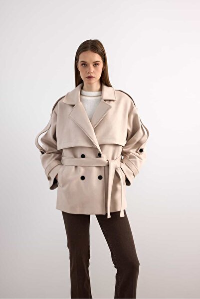 KIKU Double-Breasted Suede Short Coat with Belt Detail