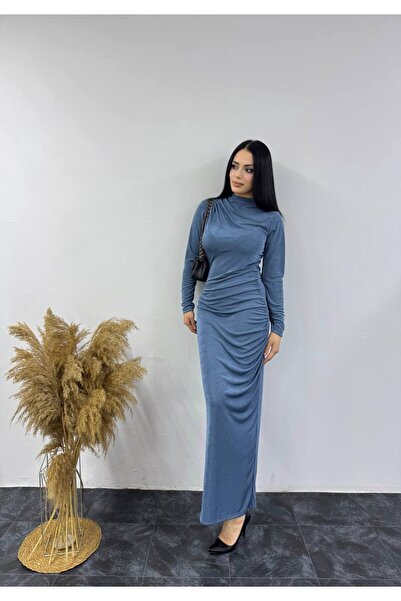 SHEZAN MODA Women's Indigo Long Sleeve Drape Detail Buzzy Fabric Maxi Dress B...