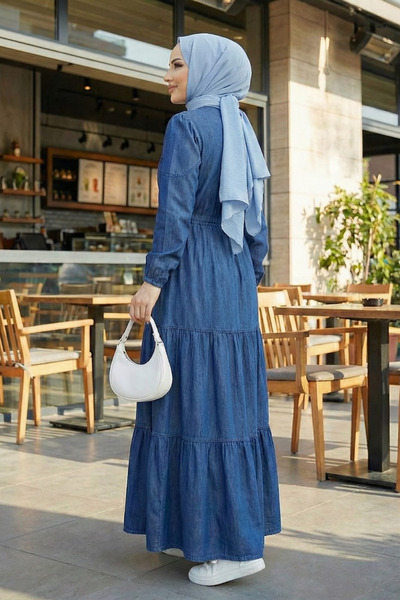Hb Harma Time Butik فستان جينز طويل للنساء، بتفاصيل دانتيل وأزرار ورباط، باللون الأزرق الداكن