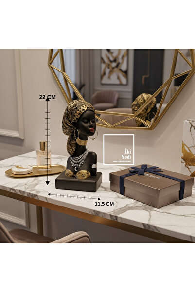 İki Yedi Konsept Ribera 773 Afrikalı Kadın Büstü Siyah Gold Detaylı Dekoratif Obje 22 cm Modern Salon Ofis Aksesuarı