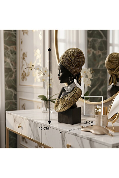 İki Yedi Konsept Ribera 771 Afrikalı Kadın Büst Biblo 40 cm, Gold Detaylı Siy...