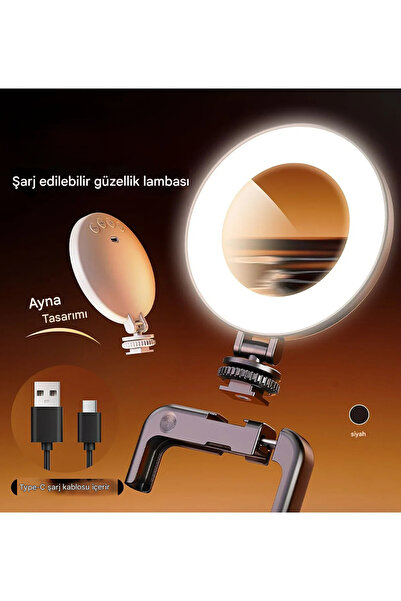 MATECHNO Şarjlı Aynalı Selfie Video Kamera Işık Tripod Uyumlu Dimmer 3 Renk Ç...