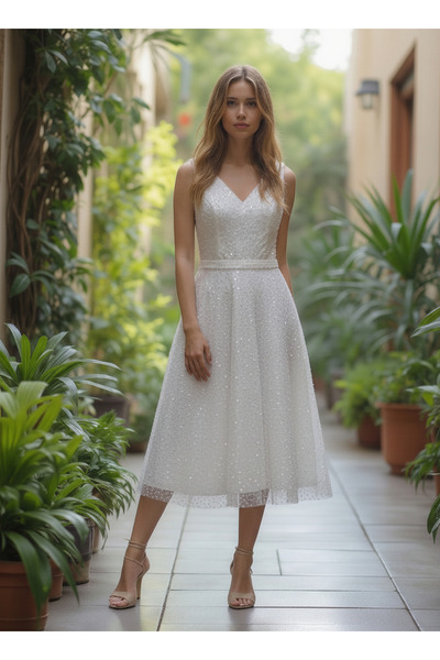 Suzieva Mirea V Yaka Astarlı Gloplu Boncuk Kaplama Midi Boy Tasarım Elbise