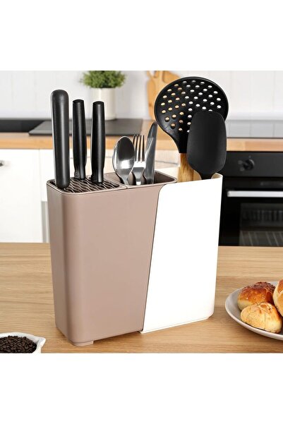 Zengin Çarşım Adjustable Sliding Cutlery Holder Knife Holder Organizer, 2-3 Compartment Countertop Stand (Cream)