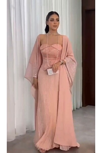 Mira فستان سهره جميل ورائع اللون لحمي قامق الخامة جورجت لماع مع بشت ترتر اضافة تنوره بليسيا