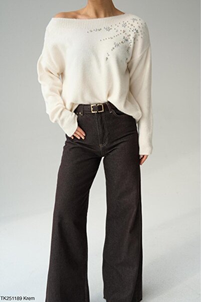 CADDELAMODA Women's Boat Neck Shoulder Stone Detailed Premium Sweater