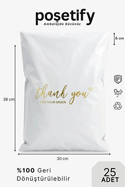 POŞETİFY Premium Renkli Kargo Poşeti 30x38x6 cm | 25 Adet | Thank You Baskılı...