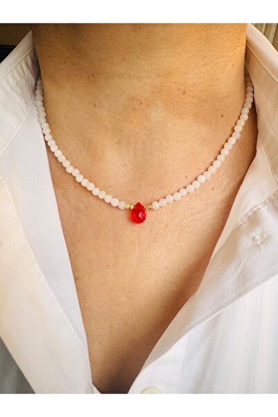 DEVİ fashion Natural Stone Red Drop Necklace 42 cm