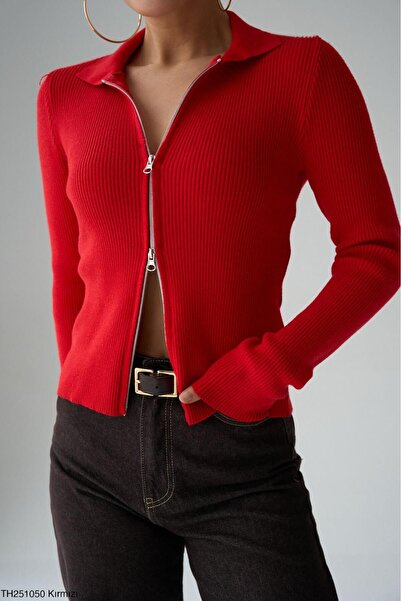 CADDELAMODA Women's Polo Neck Double Zipper Detailed Cardigan