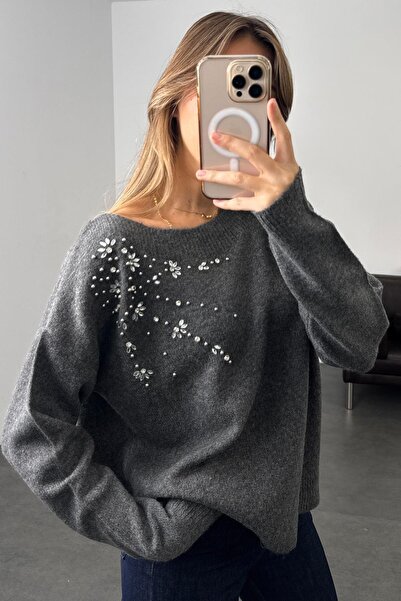 CADDELAMODA Women's Boat Neck Shoulder Stone Detailed Premium Sweater