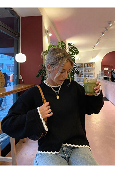 Dier Moda Women's Wavy Edge Detail Casual Crew Neck Sweater - Soft Textured Knitwear, Women's Sweater Fmoda3079