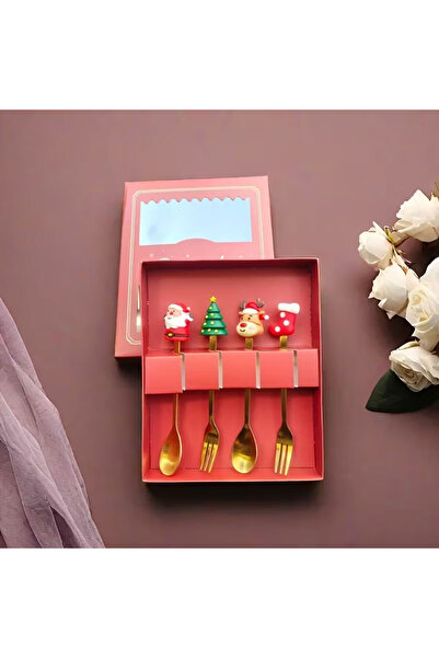Dilekita Christmas New Year Themed Stainless Steel Gold Cutlery Set of 4