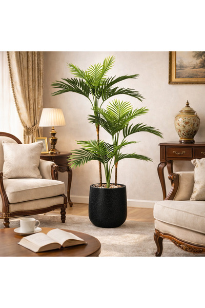 AMZOE شجرة نخيل صناعية بثلاثة فروع مع حوض أسود أنيق – ارتفاع 120 سم