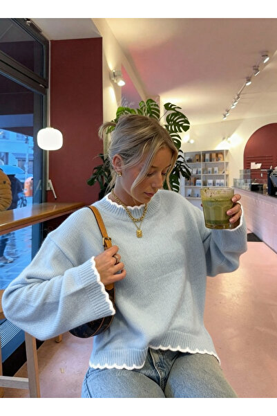 Dier Moda Women's Wavy Edge Detail Casual Crew Neck Sweater - Soft Textured Knitwear, Women's Sweater Fmoda3079