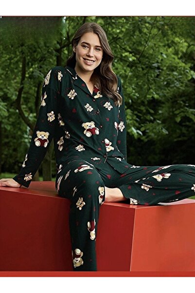 Tusebu Women's Long Sleeve Buttoned Pajama Set – Green Teddy Bear Pattern Com...