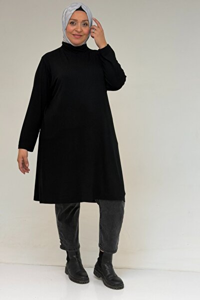 Eslina 58175 Plus Size High Neck Basic Combed Cotton Tunic - Black