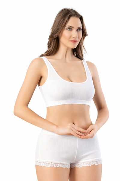 İncili White Ribbed Bustier + Lace Shorts Top-Down Set