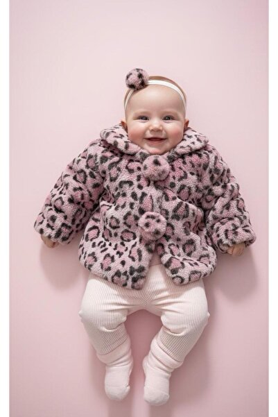 mayakids LEOPAR DESENLİ ANGORA PELUŞ KIZ BEBEK BANDANALI CEKET