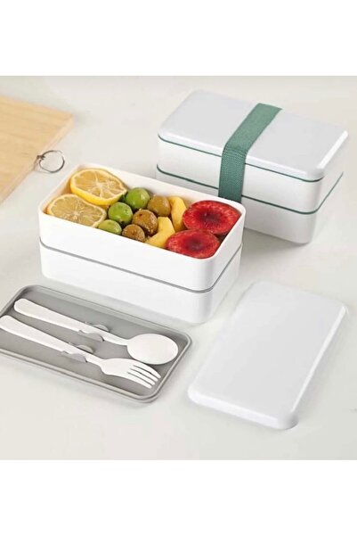 cc bin shihon Lunchbox bento, two-tier plastic food container with spoons and fork, lunch box
