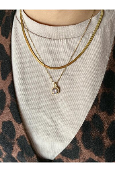 D&Z ACCESSORİES Set of 2 Necklaces |   Zircon Stone Square Gold Elegant Neckl...