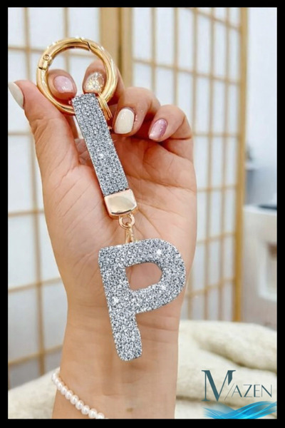 MAZEN Letter P White Stone Letter Keychain, Bag Charm Vip Series