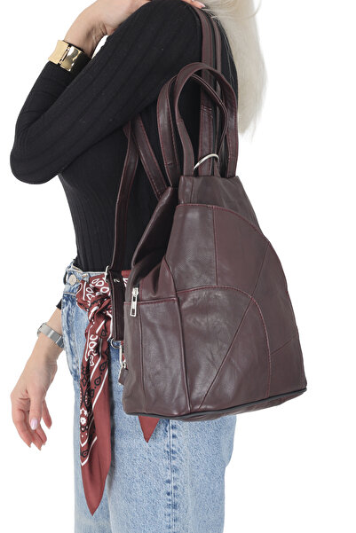 Erzeno Genuine Leather Burgundy Women's Backpack / Multifunctional Shoulder Bag and Backpack