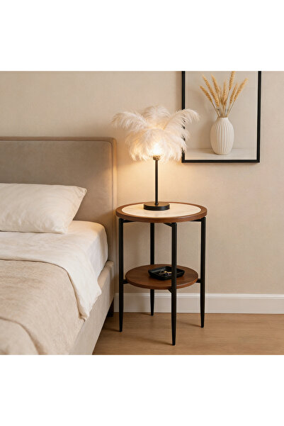 Bleco Round side table with a white marble top and wooden shelves