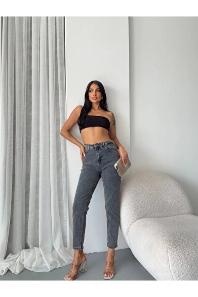 Cool & Sexy High Waist Washed Anthracite Mom Jeans