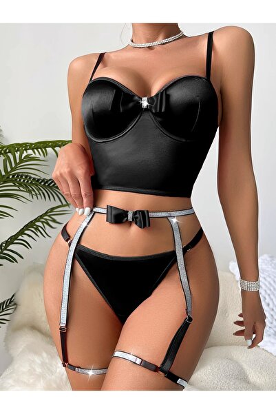 Nawaem Night Lingerie Sexy Satin Push Up Bustier Set with Sparkling Rhineston...