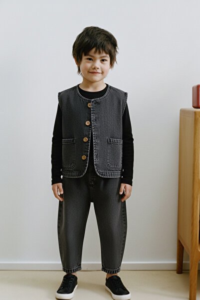 Magu Boys' Cotton Anthracite Minimal Vest and Pants Set - Set of 2