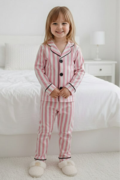 EYMİRGİYİM Set de pijamale pentru fete și băieți cu guler cu dungi roz, bumba...