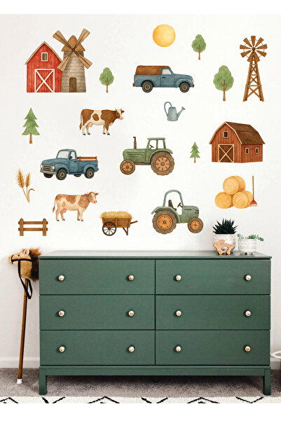 Sticker Sepetim Çiftlik Temalı Araçlar ve Hayvanlar Çocuk Odası Duvar Sticker...