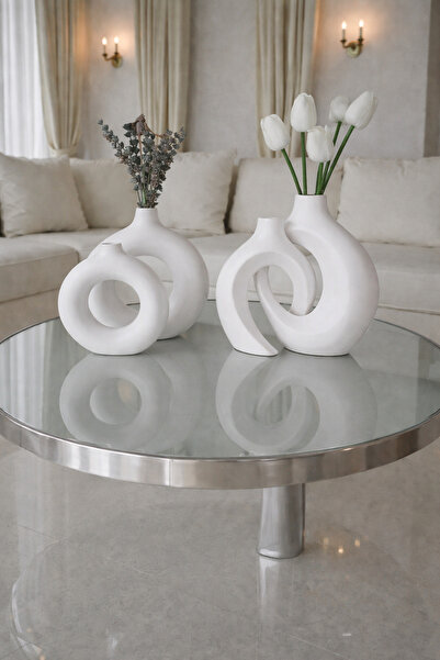 MorVilla Modern Halka & Sevgili Tasarım 4’lü Vazo Seti | Mat Beyaz Dekoratif ...