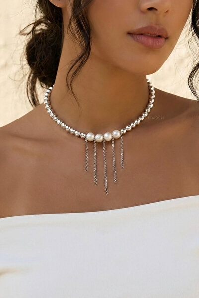 LIVOSH Silver Beaded Pearl Dangle Necklace