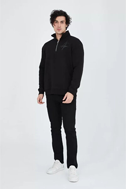 FRESCO SCARFS    سويت شيرت رجالي مطبوع بنصف سحاب - أسود