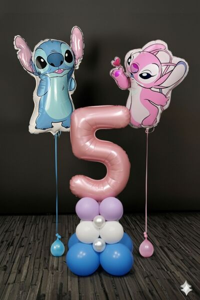 PARTİAVM بالونات عيد ميلاد ليلو وستيتش بعمر 5 سنوات، بالونات على شكل أرقام ور...
