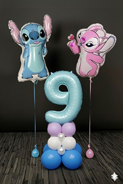 PARTİAVM 9 Year Old Lilo and Stitch Birthday Concept Blue Number Balloon Column Flying Balloon Set of 2 Stitch and Lilo